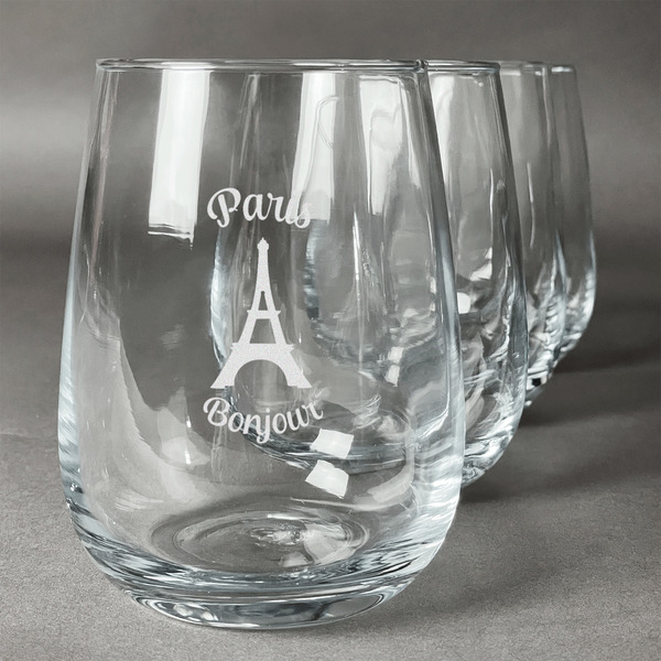 Custom Paris Bonjour and Eiffel Tower Stemless Wine Glasses (Set of 4) (Personalized)