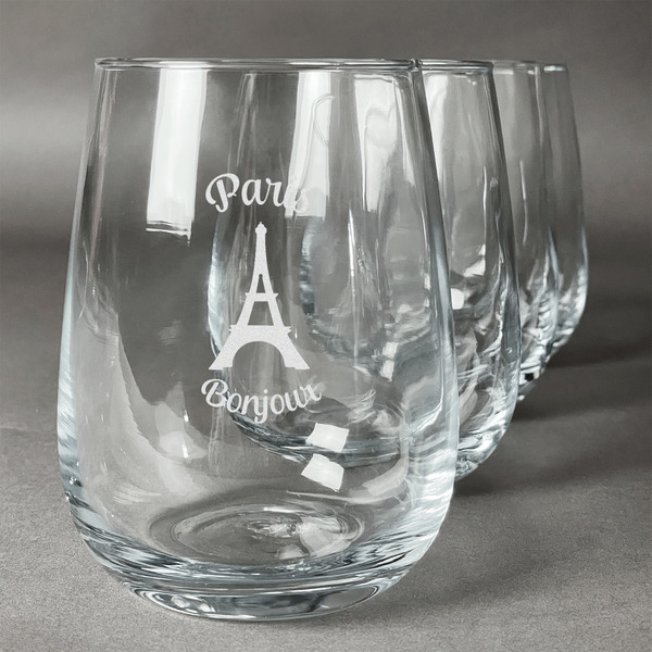 Custom Paris Bonjour and Eiffel Tower Stemless Wine Glasses (Set of 4) (Personalized)