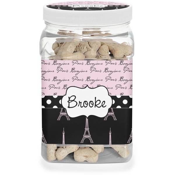 Custom Paris Bonjour and Eiffel Tower Dog Treat Jar (Personalized)