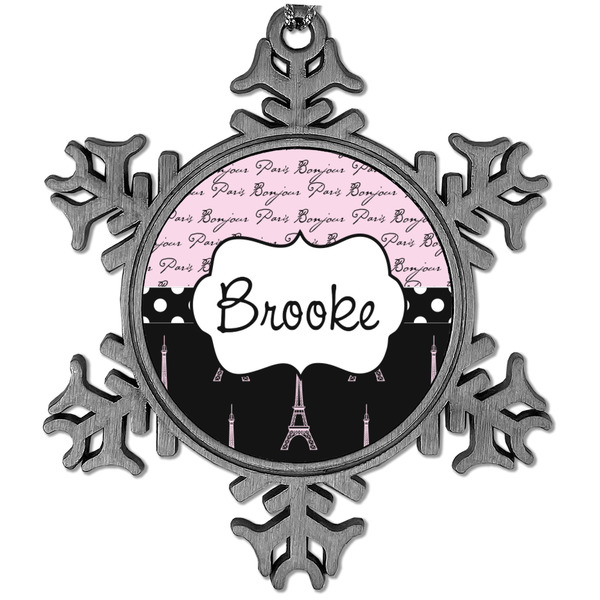 Custom Paris Bonjour and Eiffel Tower Vintage Snowflake Ornament (Personalized)