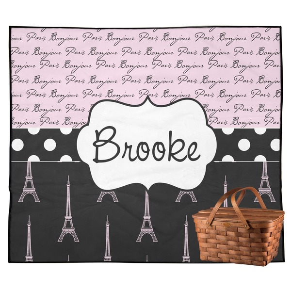 Custom Paris Bonjour and Eiffel Tower Outdoor Picnic Blanket (Personalized)