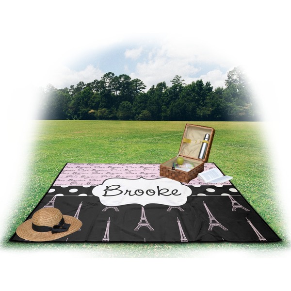Paris Bonjour and Eiffel Tower Picnic Blanket - with Basket Hat and Book - in Use