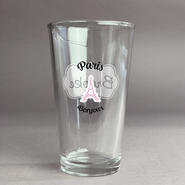Custom Paris Bonjour and Eiffel Tower Pint Glass - Full Color Logo (Personalized)