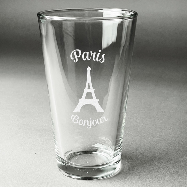 Custom Paris Bonjour and Eiffel Tower Pint Glass - Engraved (Personalized)