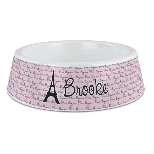 Custom Paris Bonjour and Eiffel Tower Plastic Dog Bowl - Large (Personalized)
