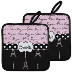 Paris Bonjour and Eiffel Tower Pot Holders - Set of 2 w/ Name or Text