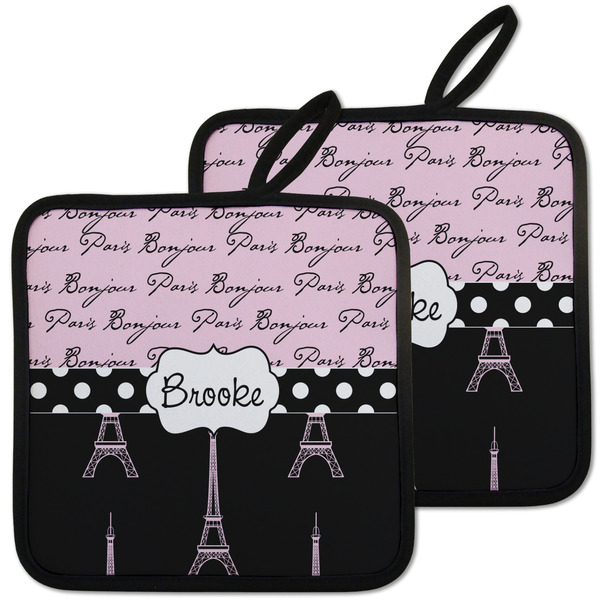 Custom Paris Bonjour and Eiffel Tower Pot Holders - Set of 2 w/ Name or Text