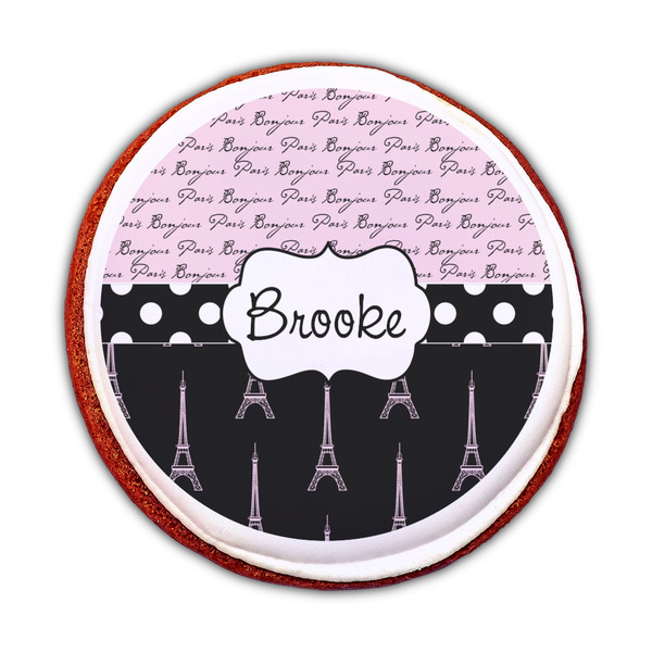 Paris Bonjour and Eiffel Tower Printed Icing Circle - Medium - On Cookie