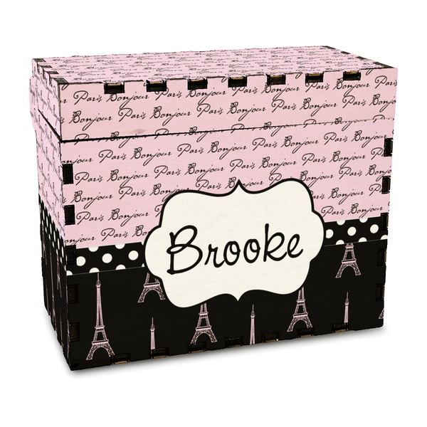 Custom Paris Bonjour and Eiffel Tower Wood Recipe Box - Full Color Print (Personalized)