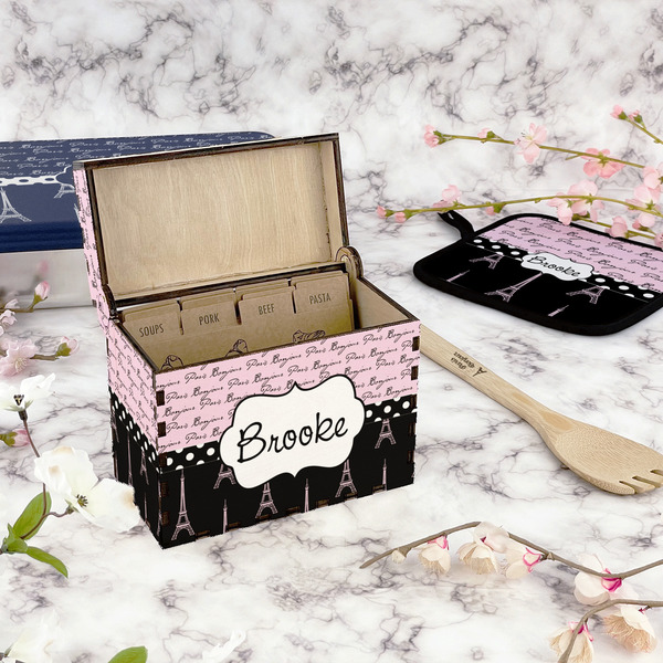 Paris Bonjour and Eiffel Tower Recipe Box - Full Color - In Context