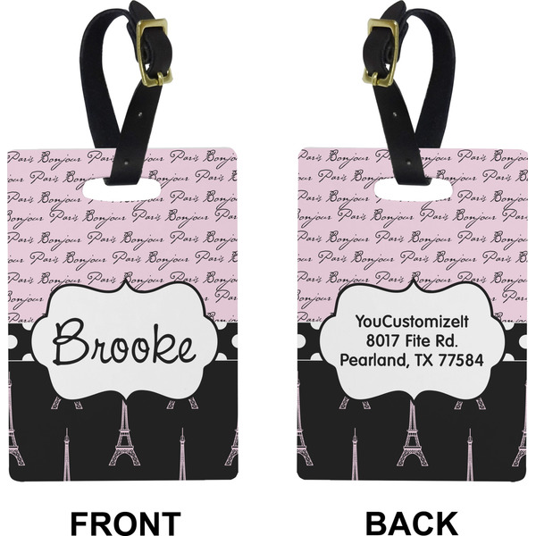 Paris Bonjour and Eiffel Tower Rectangle Luggage Tag (Front + Back)