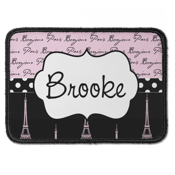 Custom Paris Bonjour and Eiffel Tower Iron On Rectangle Patch w/ Name or Text