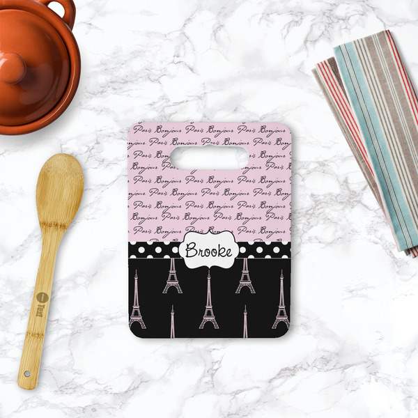 Paris Bonjour and Eiffel Tower Rectangle Trivet with Handle - LIFESTYLE