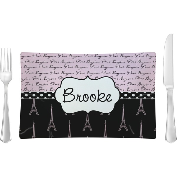 Custom Paris Bonjour and Eiffel Tower Glass Rectangular Lunch / Dinner Plate (Personalized)