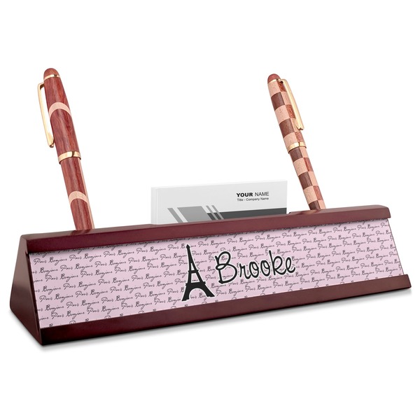 Custom Paris Bonjour and Eiffel Tower Red Mahogany Nameplate with Business Card Holder (Personalized)