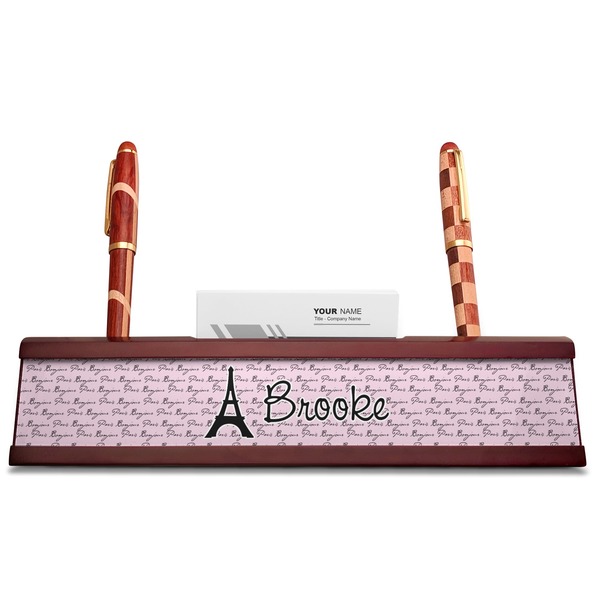Paris Bonjour and Eiffel Tower Red Mahogany Nameplates with Business Card Holder - Straight
