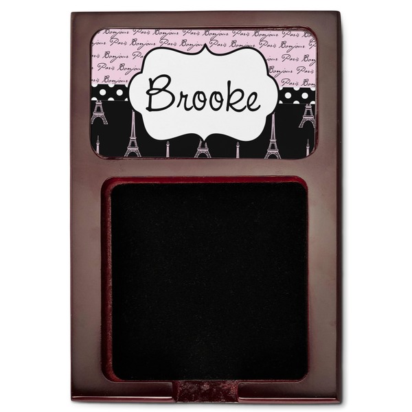 Paris Bonjour and Eiffel Tower Red Mahogany Sticky Note Holder - Flat