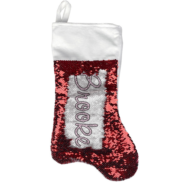 Custom Paris Bonjour and Eiffel Tower Reversible Sequin Stocking - Red (Personalized)