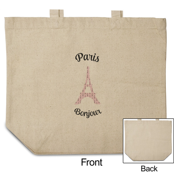 Paris Bonjour and Eiffel Tower Reusable Cotton Grocery Bag - Front & Back View
