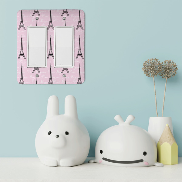 Paris Bonjour and Eiffel Tower Rocker Light Switch Covers - Double - IN CONTEXT
