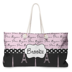 Paris Bonjour and Eiffel Tower Large Tote Bag with Rope Handles (Personalized)