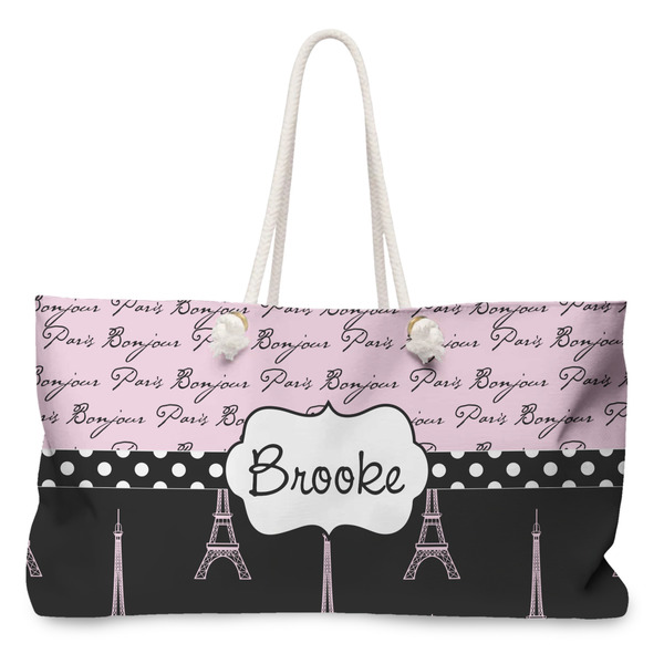 Custom Paris Bonjour and Eiffel Tower Large Tote Bag with Rope Handles (Personalized)