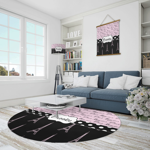 Paris Bonjour and Eiffel Tower Round Area Rug - IN CONTEXT