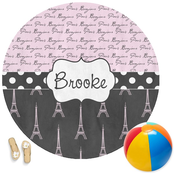 Custom Paris Bonjour and Eiffel Tower Round Beach Towel (Personalized)