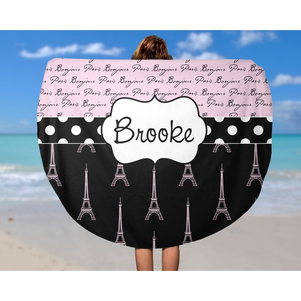Paris Bonjour and Eiffel Tower Round Beach Towel - In Use
