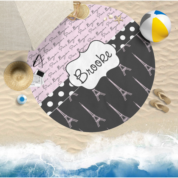 Paris Bonjour and Eiffel Tower Round Beach Towel Lifestyle