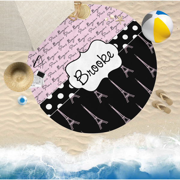 Paris Bonjour and Eiffel Tower Round Beach Towel Lifestyle