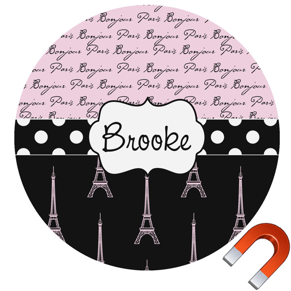 Custom Paris Bonjour and Eiffel Tower Round Car Magnet - 6" (Personalized)