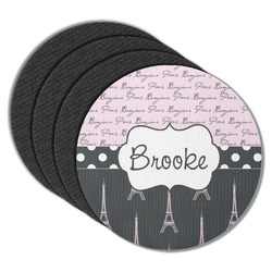 Paris Bonjour and Eiffel Tower Round Rubber Backed Coasters - Set of 4 (Personalized)