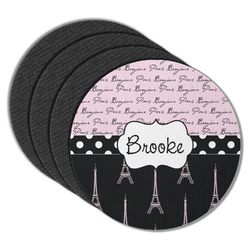 Paris Bonjour and Eiffel Tower Round Rubber Backed Coasters - Set of 4 (Personalized)