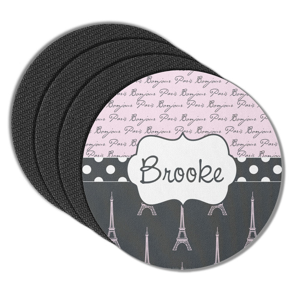 Custom Paris Bonjour and Eiffel Tower Round Rubber Backed Coasters - Set of 4 (Personalized)