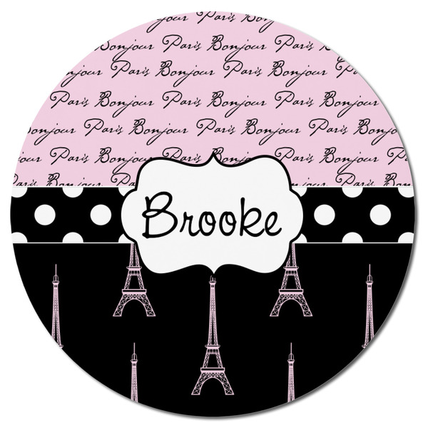 Paris Bonjour and Eiffel Tower Round Fridge Magnet - FRONT