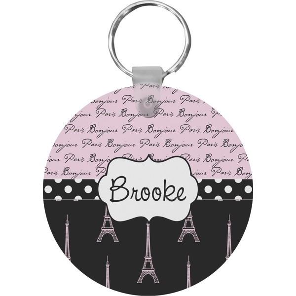 Paris Bonjour and Eiffel Tower Round Keychain (Personalized)