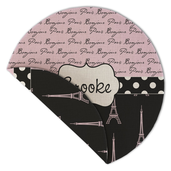 Paris Bonjour and Eiffel Tower Round Linen Placemats - Front (folded corner double sided)