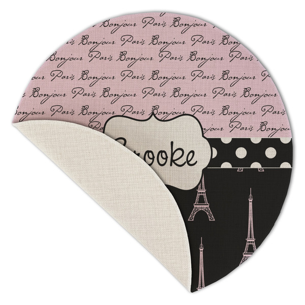 Paris Bonjour and Eiffel Tower Round Linen Placemats - Front (folded corner single sided)