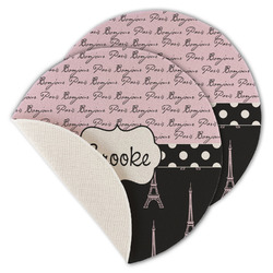 Paris Bonjour and Eiffel Tower Round Linen Placemat - Single Sided - Set of 4 (Personalized)