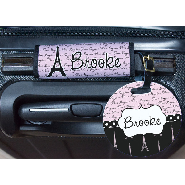 Paris Bonjour and Eiffel Tower Round Luggage Tag & Handle Wrap - In Context