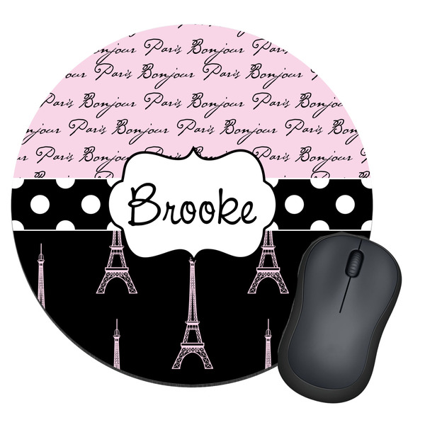 Custom Paris Bonjour and Eiffel Tower Round Mouse Pad (Personalized)