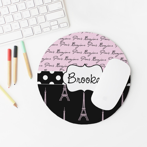 Paris Bonjour and Eiffel Tower Round Mousepad - LIFESTYLE 2