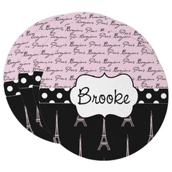 Paris Bonjour and Eiffel Tower Round Paper Coasters w/ Name or Text