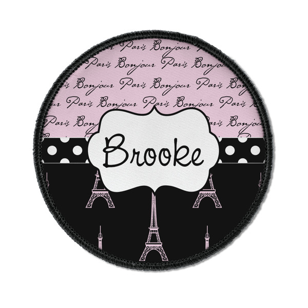 Custom Paris Bonjour and Eiffel Tower Iron On Round Patch w/ Name or Text