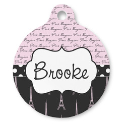 Paris Bonjour and Eiffel Tower Round Pet ID Tag - Large (Personalized)