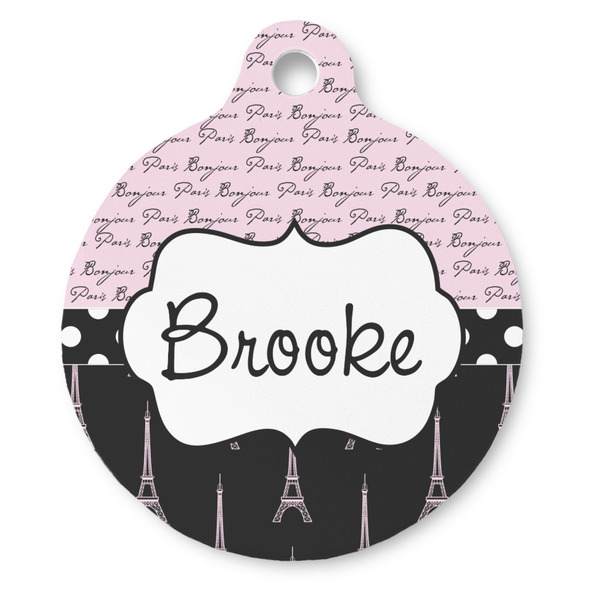 Custom Paris Bonjour and Eiffel Tower Round Pet ID Tag (Personalized)
