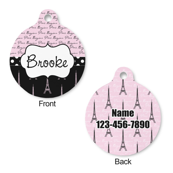 Paris Bonjour and Eiffel Tower Round Pet Tag - Front & Back