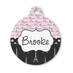 Paris Bonjour and Eiffel Tower Round Pet ID Tag - Small (Personalized)