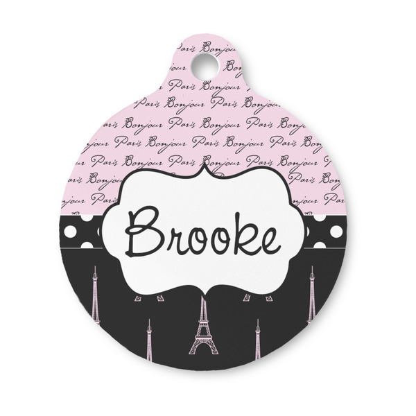 Custom Paris Bonjour and Eiffel Tower Round Pet ID Tag - Small (Personalized)